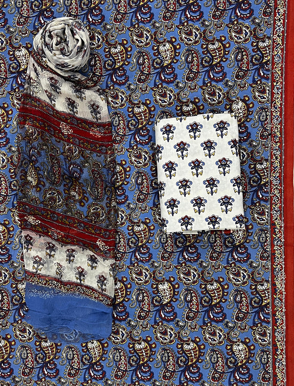 Block Khadi Printed Unstitched Suit Set With Chiffon Dupatta