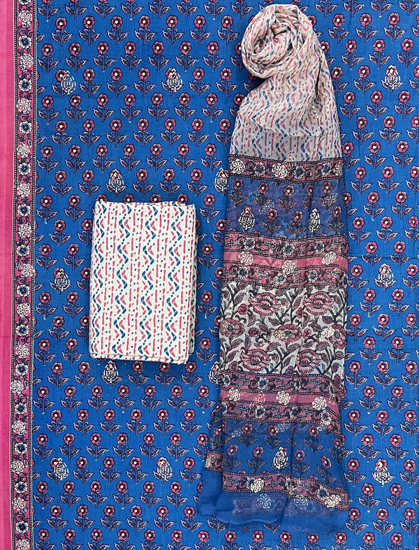 Block Khadi Printed Unstitched Suit Set With Chiffon Dupatta