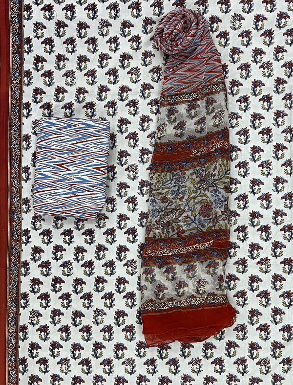 Block Khadi Printed Unstitched Suit Set With Chiffon Dupatta