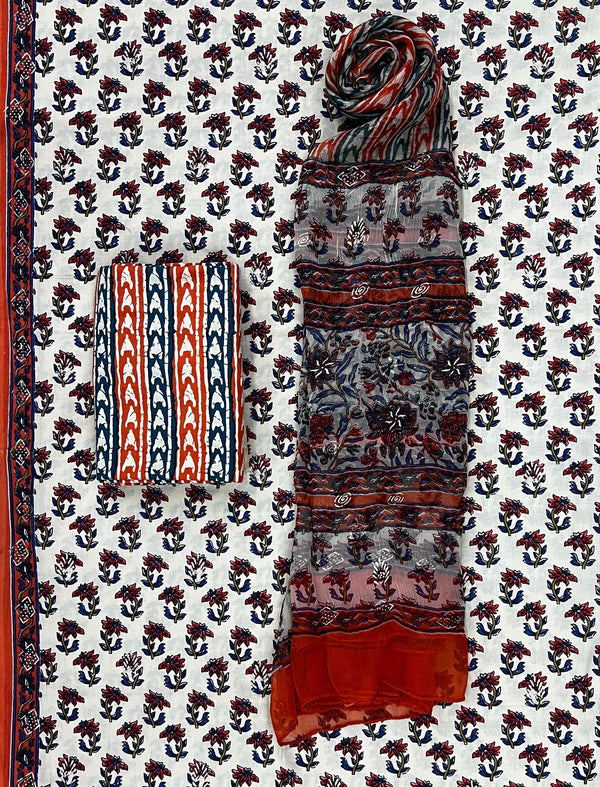 Block Khadi Printed Unstitched Suit Set With Chiffon Dupatta