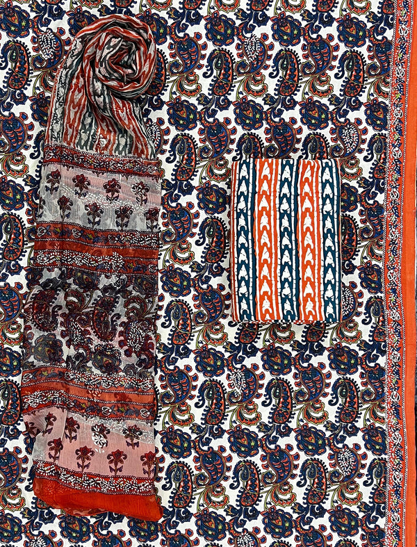 Block Khadi Printed Unstitched Suit Set With Chiffon Dupatta