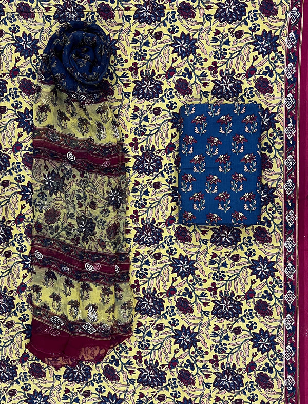 Block Khadi Printed Unstitched Suit Set With Chiffon Dupatta