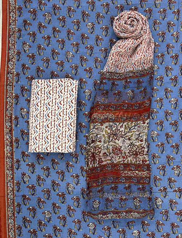 Block Khadi Printed Unstitched Suit Set With Chiffon Dupatta