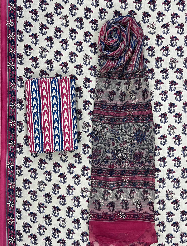 Block Khadi Printed Unstitched Suit Set With Chiffon Dupatta