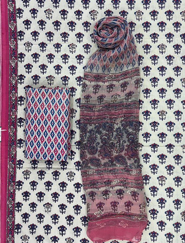 Block Khadi Printed Unstitched Suit Set With Chiffon Dupatta