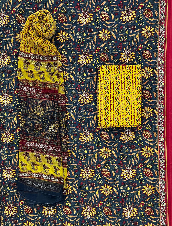Block Khadi Printed Unstitched Suit Set With Chiffon Dupatta