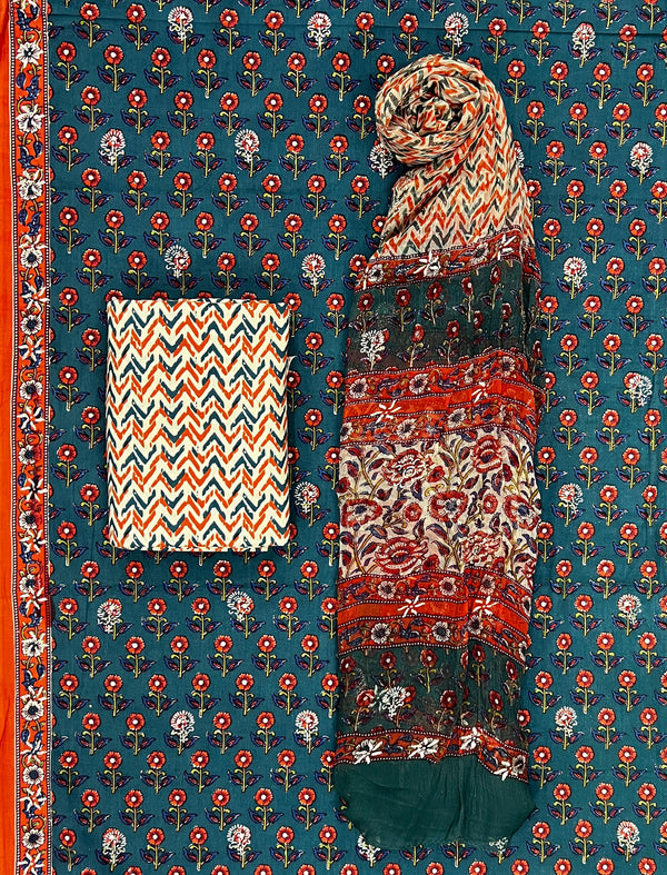Block Khadi Printed Unstitched Suit Set With Chiffon Dupatta