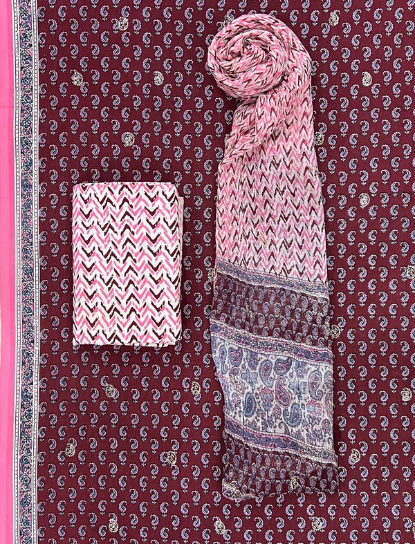 Block Khadi Printed Unstitched Suit Set With Chiffon Dupatta