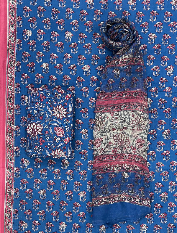 Block Khadi Printed Unstitched Suit Set With Chiffon Dupatta