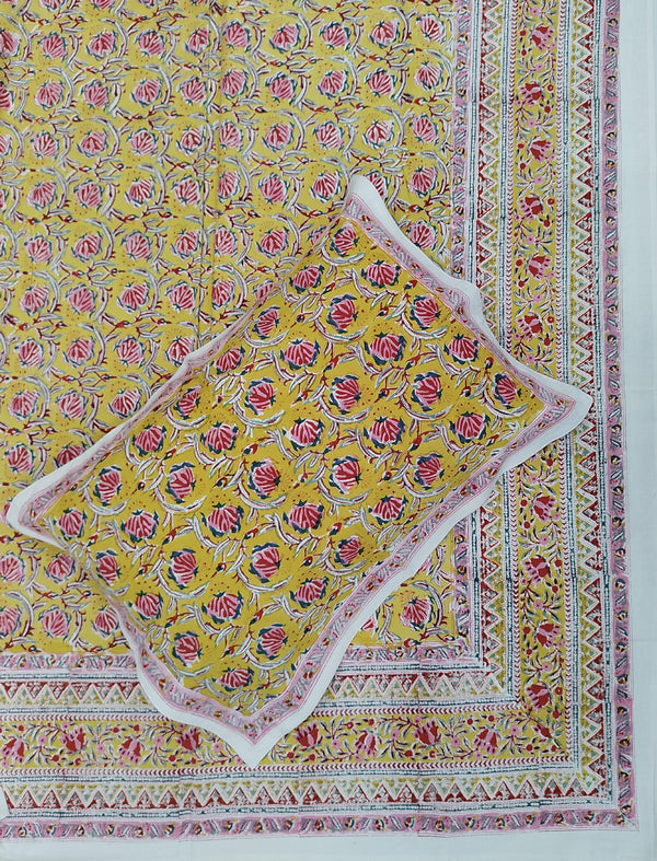 Hand Block Printed Cotton Double Bedsheet With Pillow Cover