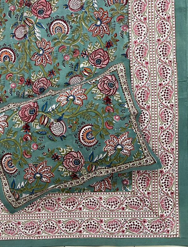 Hand Block Printed Cotton Double Bedsheet With Pillow Cover