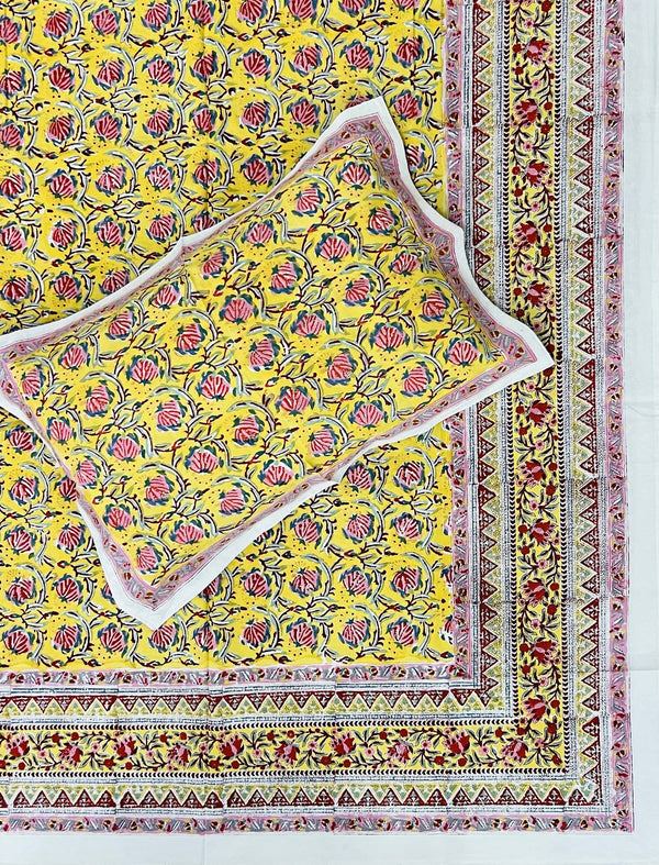 Hand Block Printed Cotton Double Bedsheet With Pillow Covers