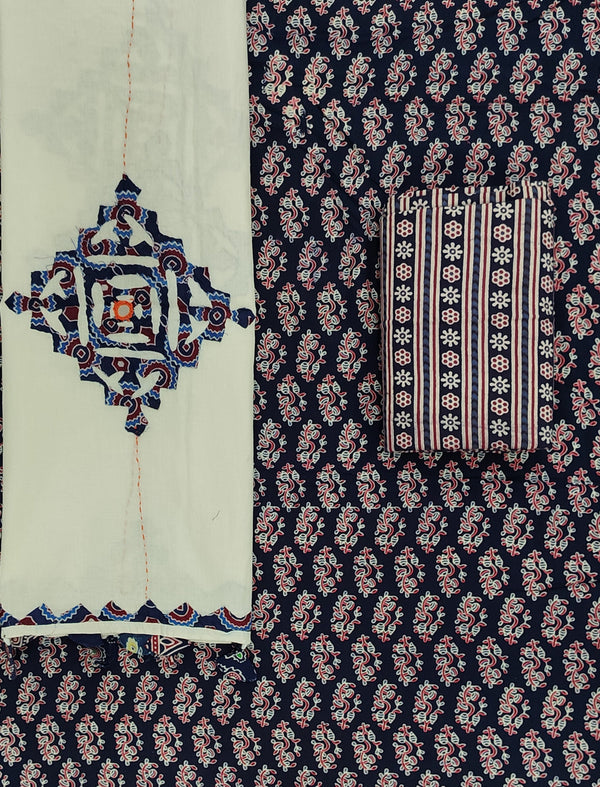 Block Printed Unstitched Suit Set With Cotton Dupatta