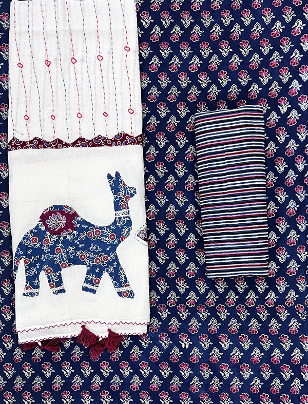 Mud Block Printed Unstitched Suit Set With Hand Art Dupatta