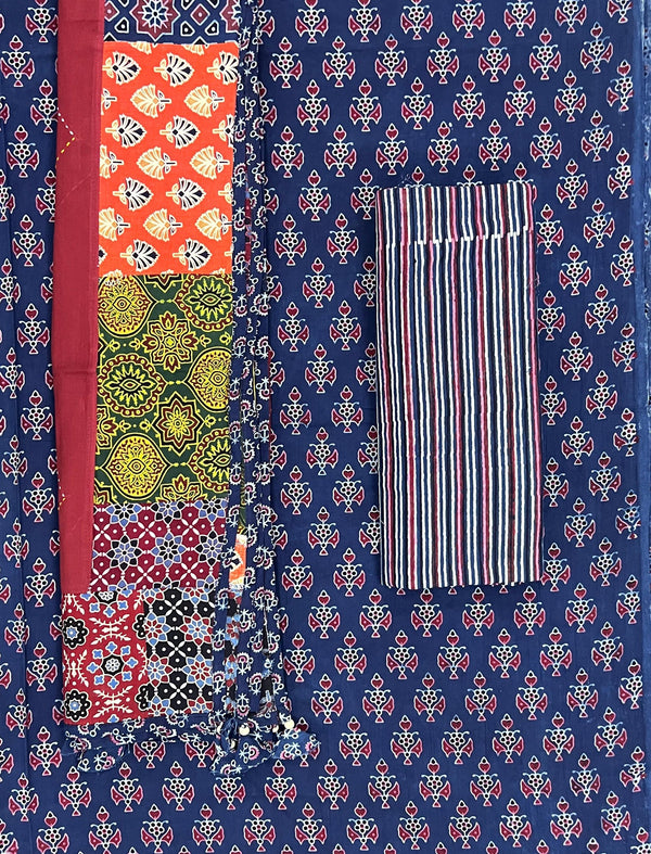 Mud Block Printed Unstitched Suit Set With Hand Art Dupatta
