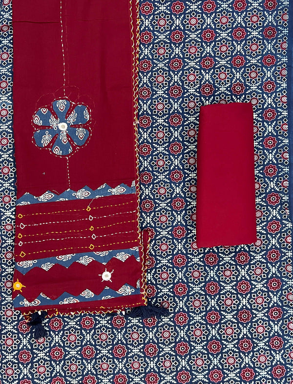 Mud Block Printed Unstitched Suit Set With Hand Art Dupatta