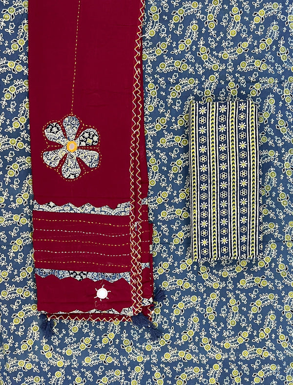 Mud Block Printed Unstitched Suit Set With Hand Art Dupatta