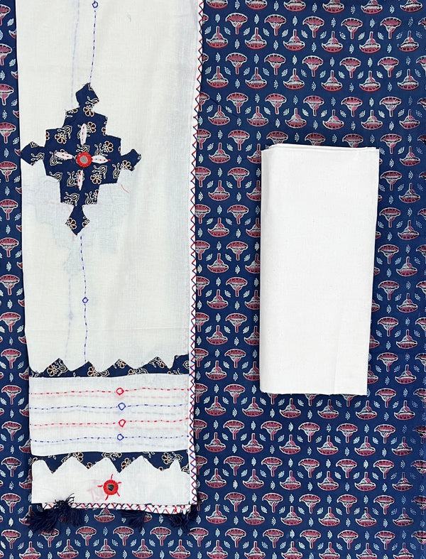 Mud Block Printed Unstitched Suit Set With Hand Art Dupatta
