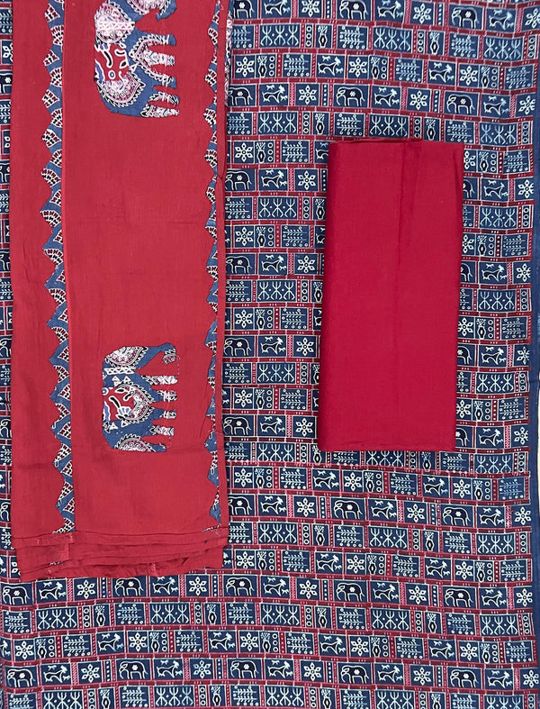 Mud Block Printed Unstitched Suit Set With Hand Art Dupatta