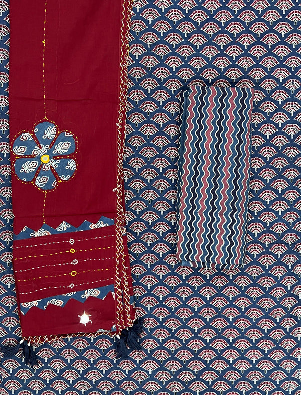 Mud Block Printed Unstitched Suit Set With Hand Art Dupatta