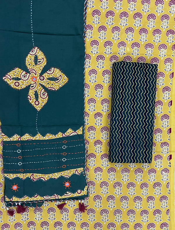Mud Block Printed Unstitched Suit Set With Hand Art Dupatta