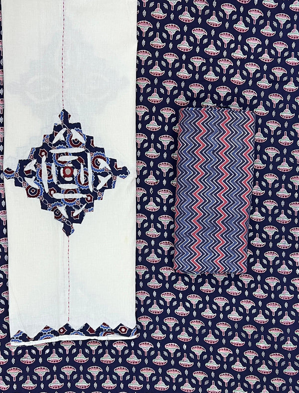 Mud Block Printed Unstitched Suit Set With Hand Art Dupatta