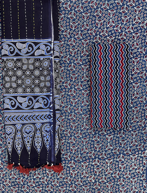 Mud Block Printed Unstitched Suit Set With Hand Art Dupatta