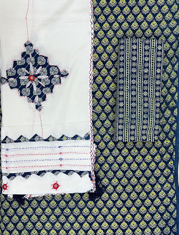 Mud Block Printed Unstitched Suit Set With Hand Art Dupatta