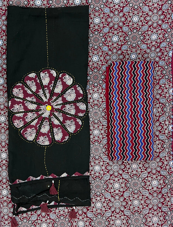 Mud Block Printed Unstitched Suit Set With Hand Art Dupatta