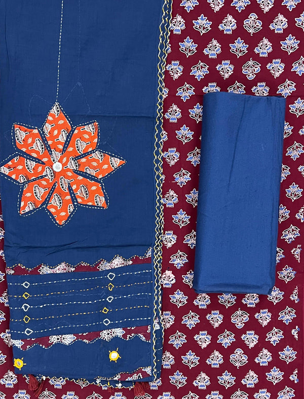 Mud Block Printed Unstitched Suit Set With Hand Art Dupatta