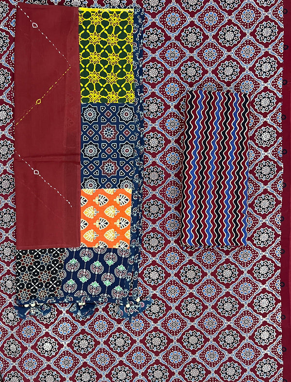 Mud Block Printed Unstitched Suit Set With Hand Art Dupatta