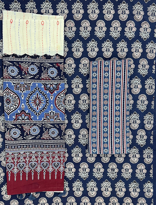 Mud Block Printed Unstitched Suit Set With Hand Art Dupatta