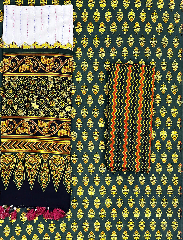 Mud Block Printed Unstitched Suit Set With Hand Art Dupatta