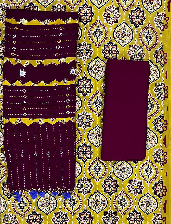 Mud Block Printed Unstitched Suit Set With Hand Art Dupatta
