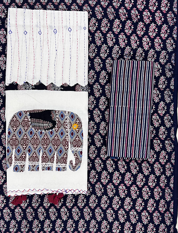 Mud Block Printed Unstitched Suit Set With Hand Art Dupatta