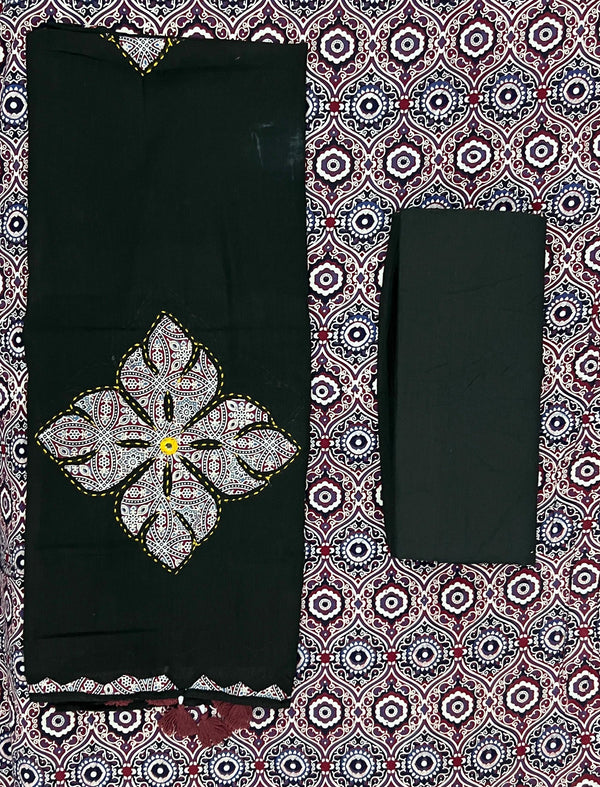 Mud Block Printed Unstitched Suit Set With Hand Art Dupatta
