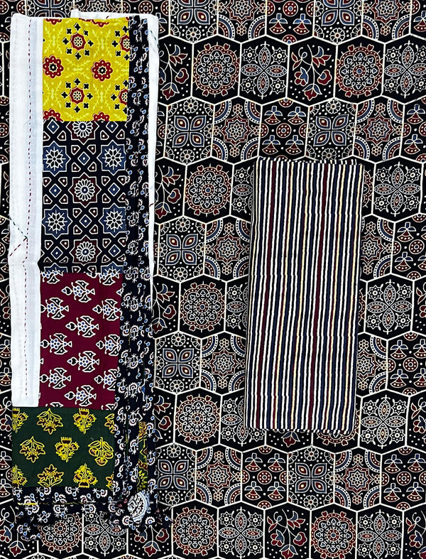 Mud Block Printed Unstitched Suit Set With Hand Art Dupatta