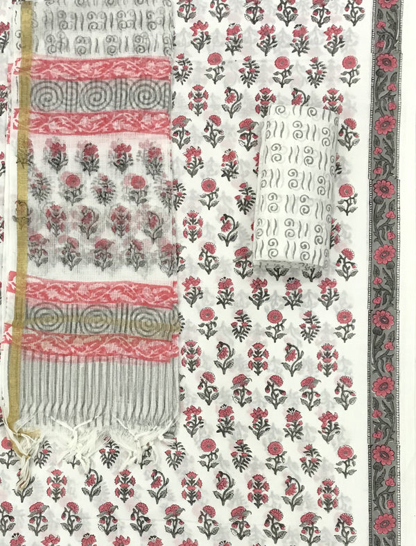 Block Printed Unstitched Suit With Cotton Kota Doriya Dupatta