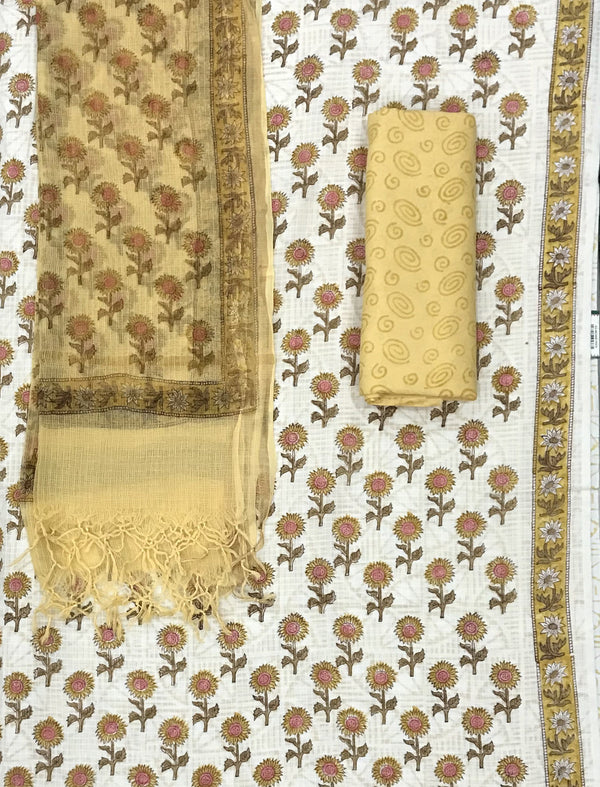 Block Printed Unstitched Suit With Cotton Kota Doriya Dupatta