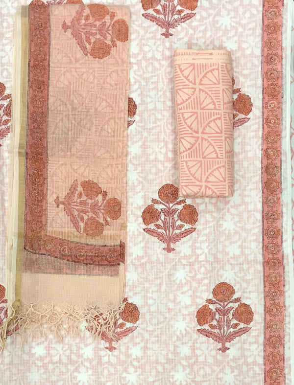 Block Printed Unstitched Suit With Cotton Kota Doriya Dupatta