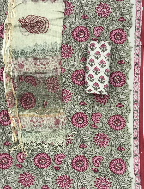 Block Printed Unstitched Suit With Cotton Kota Doriya Dupatta