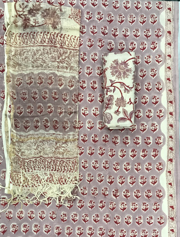 Block Printed Unstitched Suit With Cotton Kota Doriya Dupatta