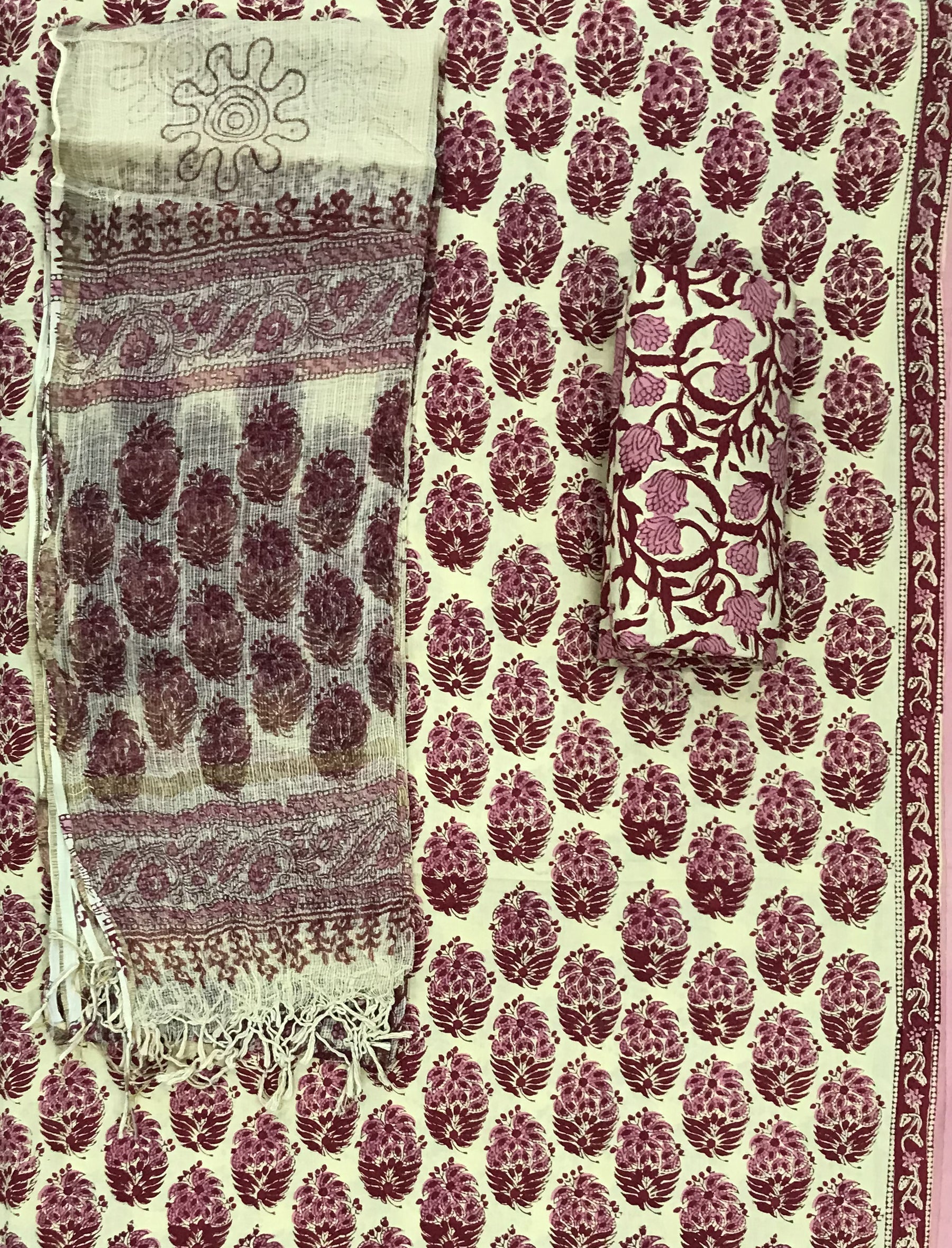 Block Printed Unstitched Suit With Cotton Kota Doriya Dupatta