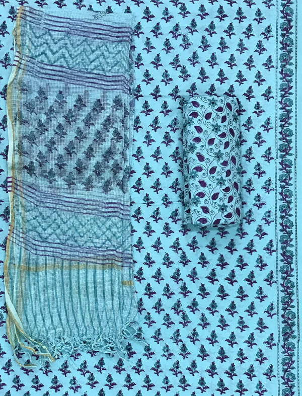 Block Printed Unstitched Suit With Cotton Kota Doriya Dupatta