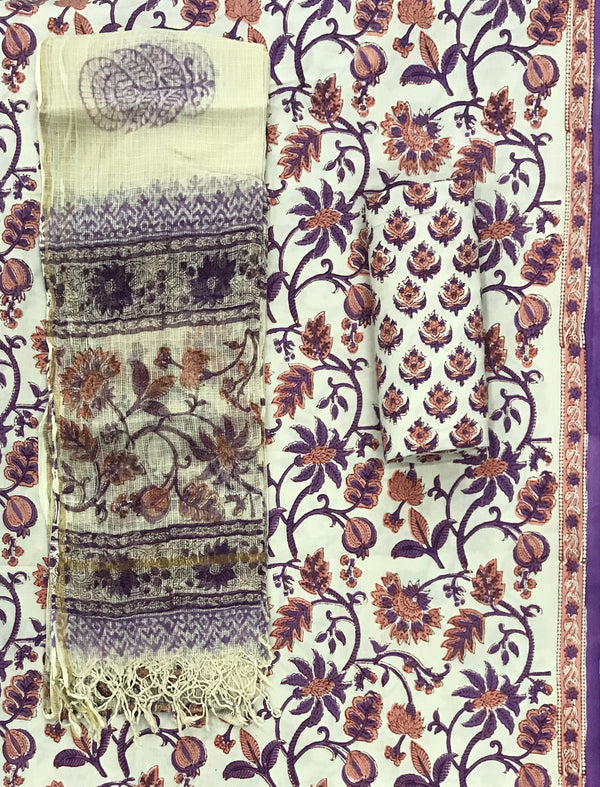 Block Printed Unstitched Suit With Cotton Kota Doriya Dupatta