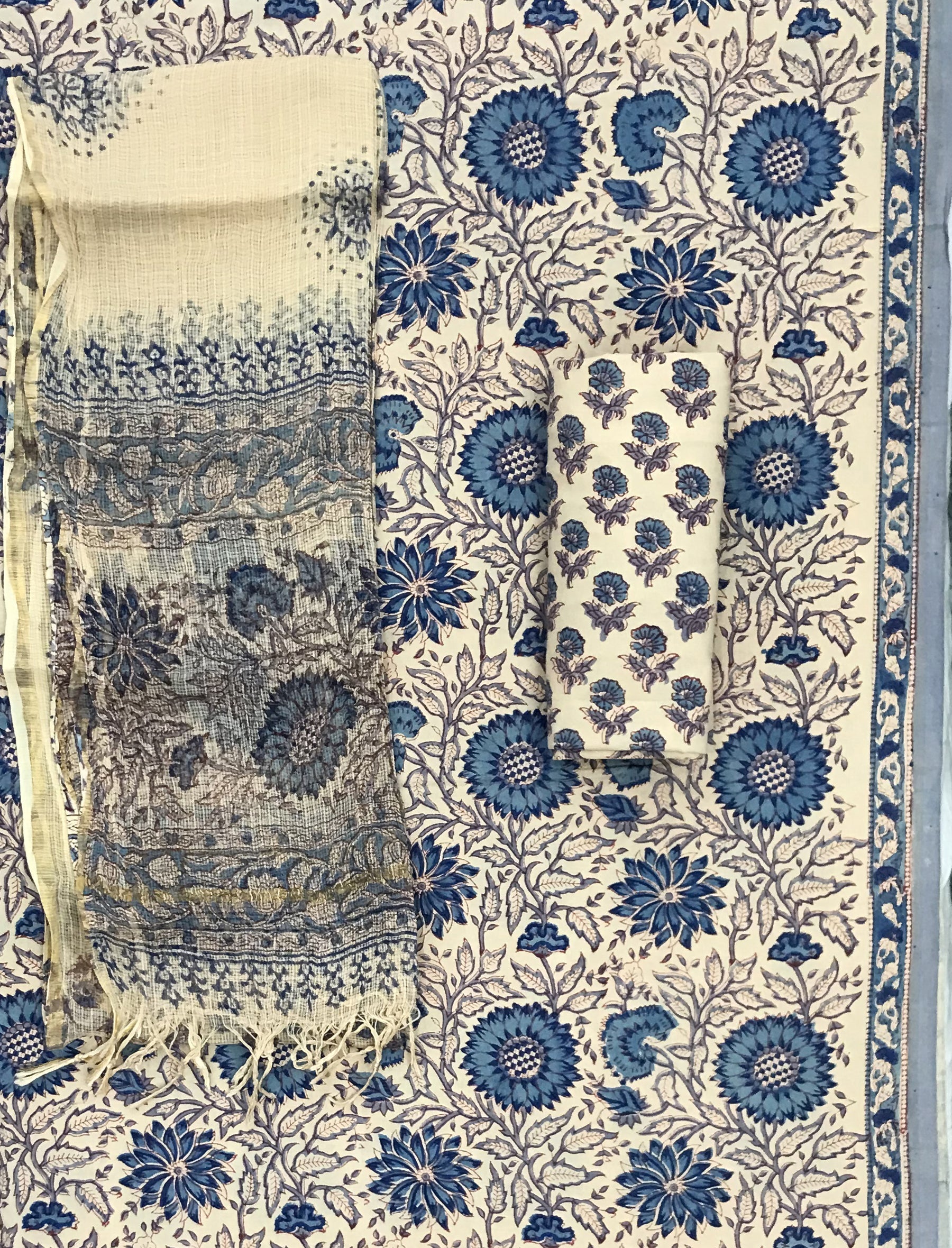 Block Printed Unstitched Suit With Cotton Kota Doriya Dupatta