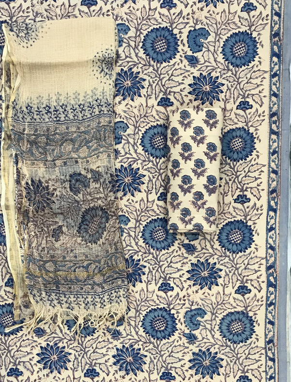 Block Printed Unstitched Suit With Cotton Kota Doriya Dupatta