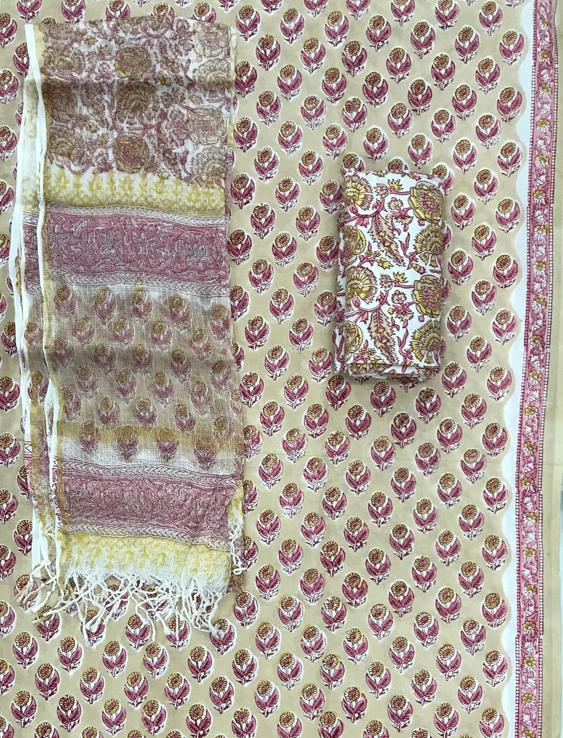 Block Printed Unstitched Suit With Cotton Kota Doriya Dupatta