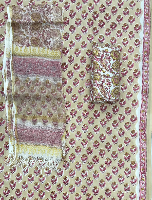 Block Printed Unstitched Suit With Cotton Kota Doriya Dupatta