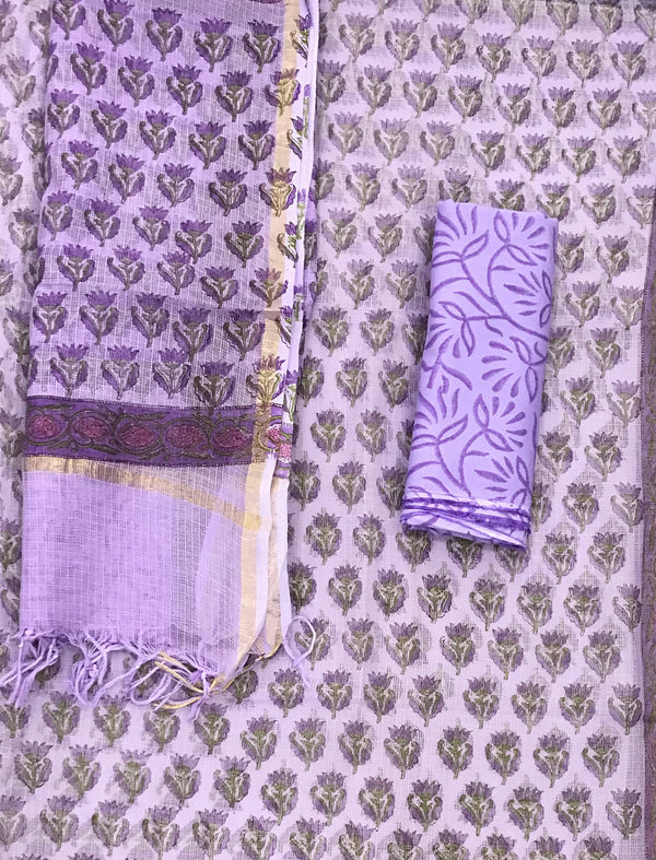 Block Printed Unstitched Suit With Cotton Kota Doriya Dupatta